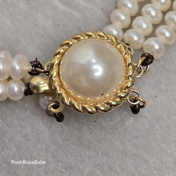 Triple Strand Freshwater Pearl Bracelet w/ Sterling Silver Gold Wash Clasp – 7.5 - Picture 10 of 12
